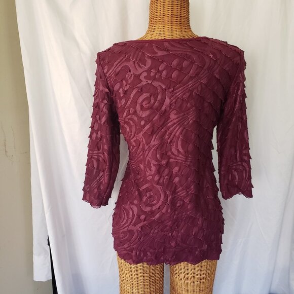 Elementz Women's Plum Ruffle Top Blouse 3/4 Sleeve Scoop Neck - S - Picture 4 of 5